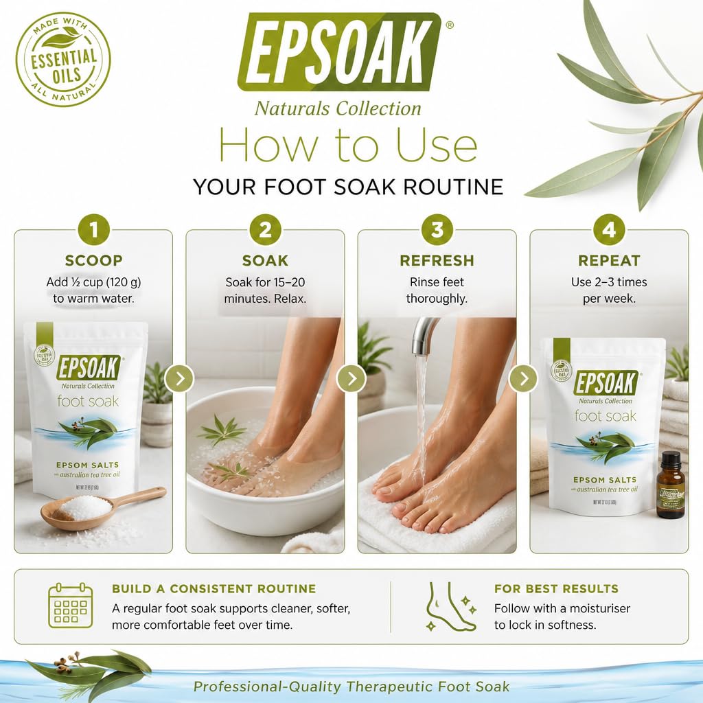 Feet soaking in basin with Epsoak tea tree salt calming aroma