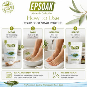 Feet soaking in basin with Epsoak tea tree salt calming aroma