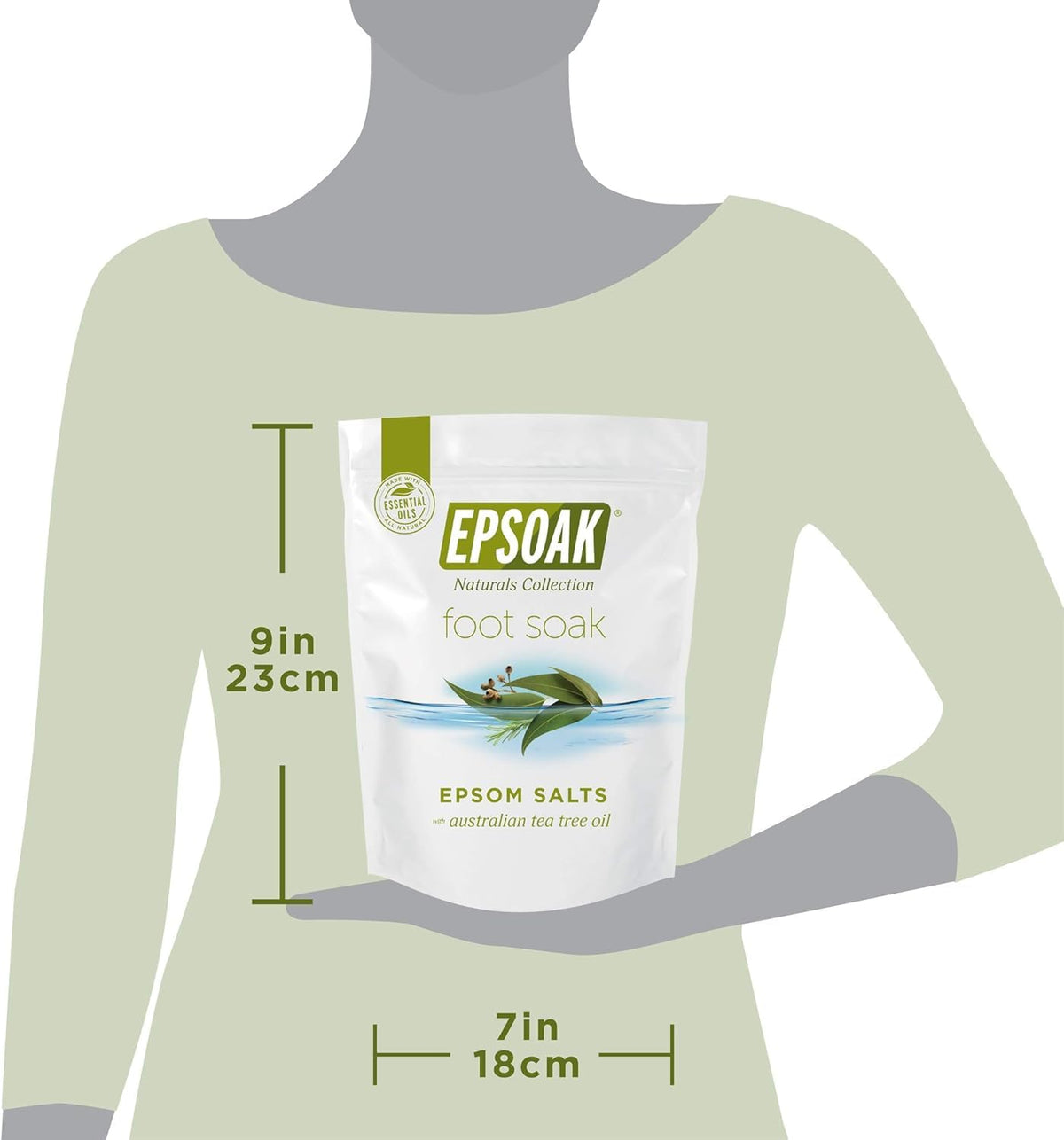 Product label listing Epsoak ingredients and cruelty-free badge