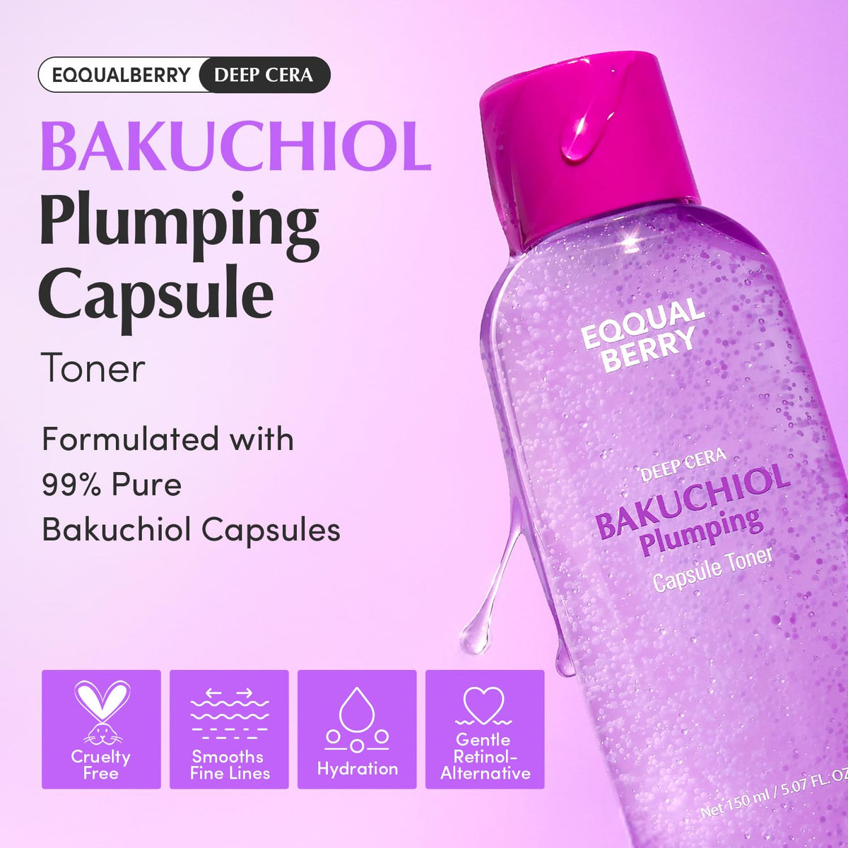 EQQUALBERRY close-up of bakuchiol capsules melting for fresh active delivery