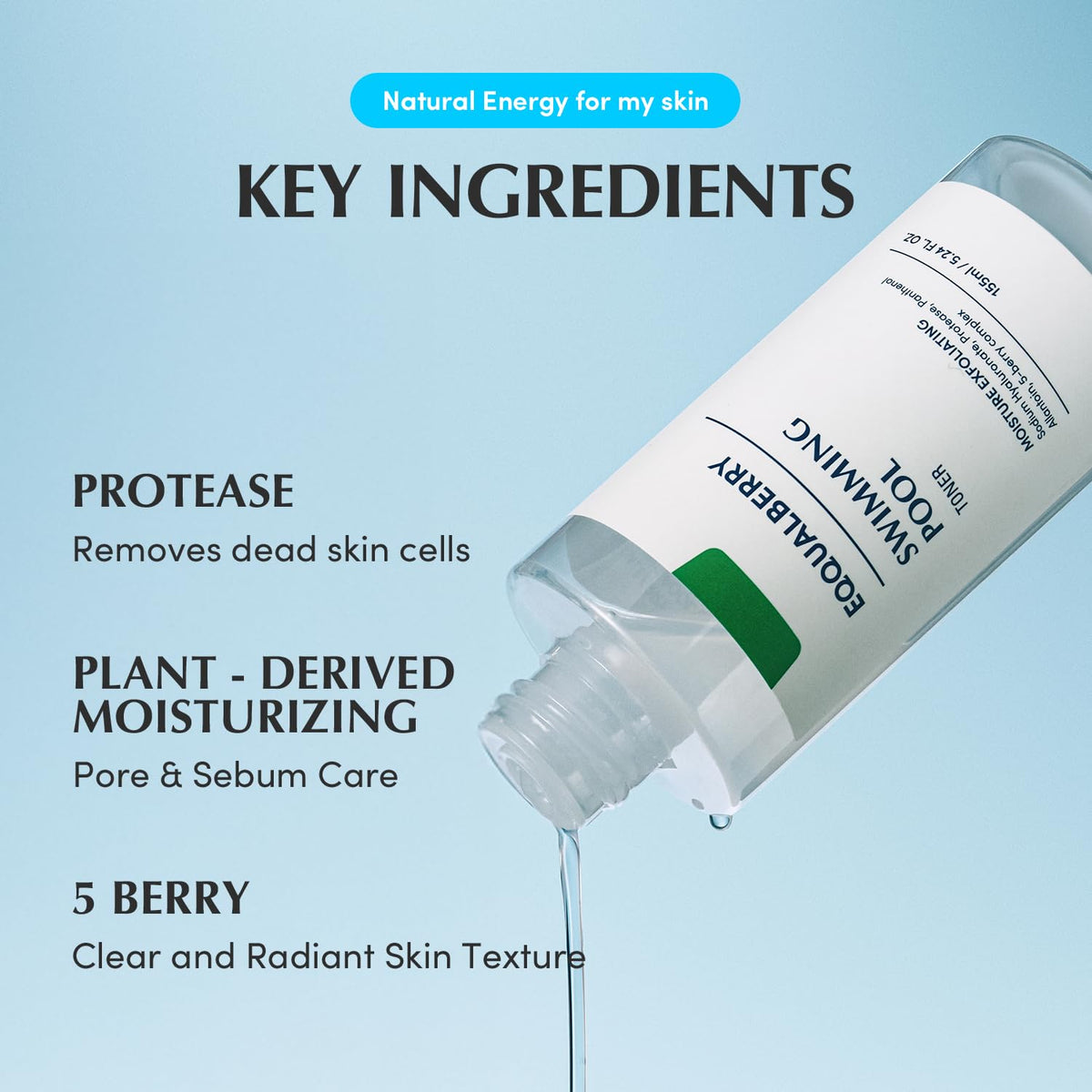 EQQUALBERRY pouring toner into palm for gentle exfoliation and hydration