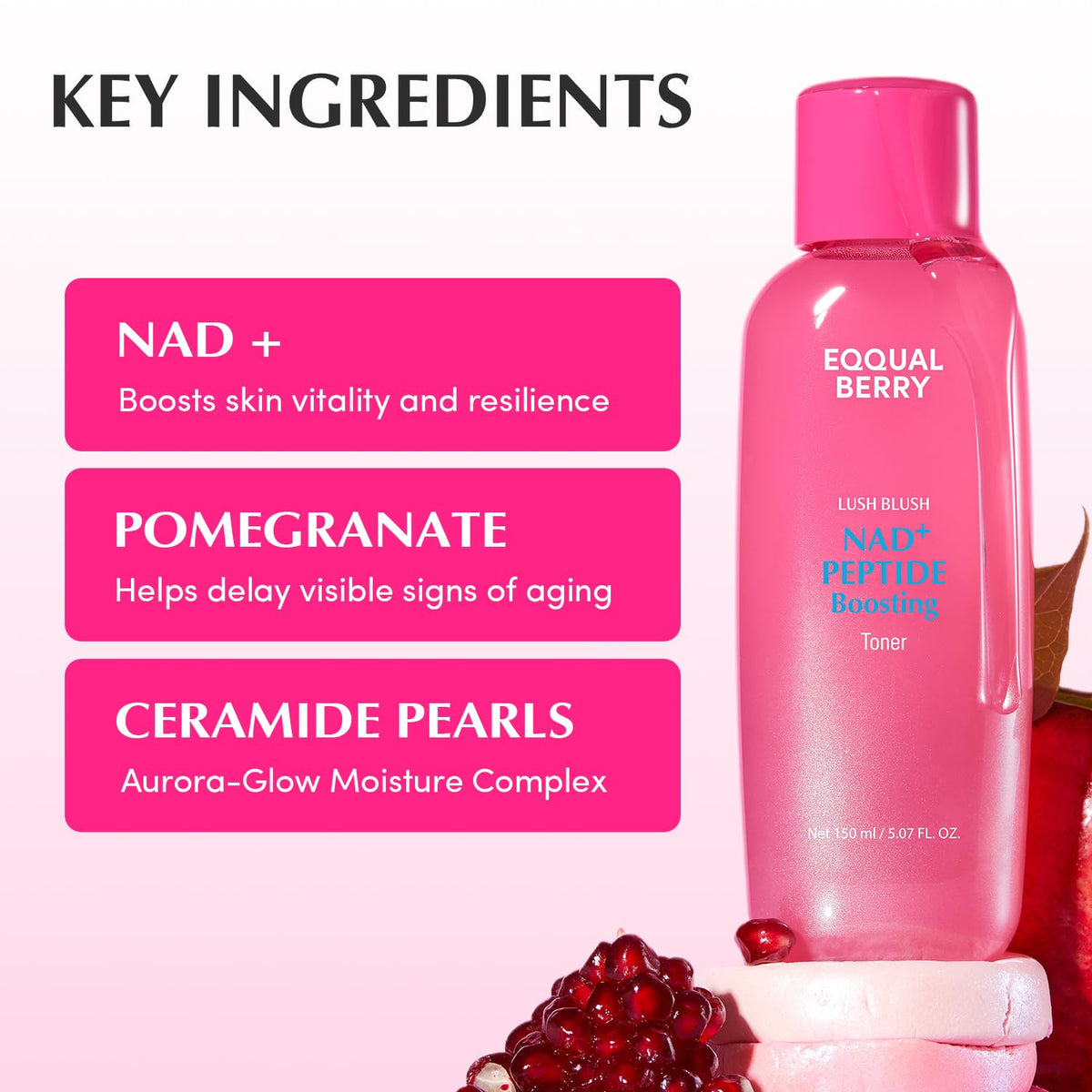 EQQUALBERRY side profile bottle with open cap showing dispensing ease benefit
