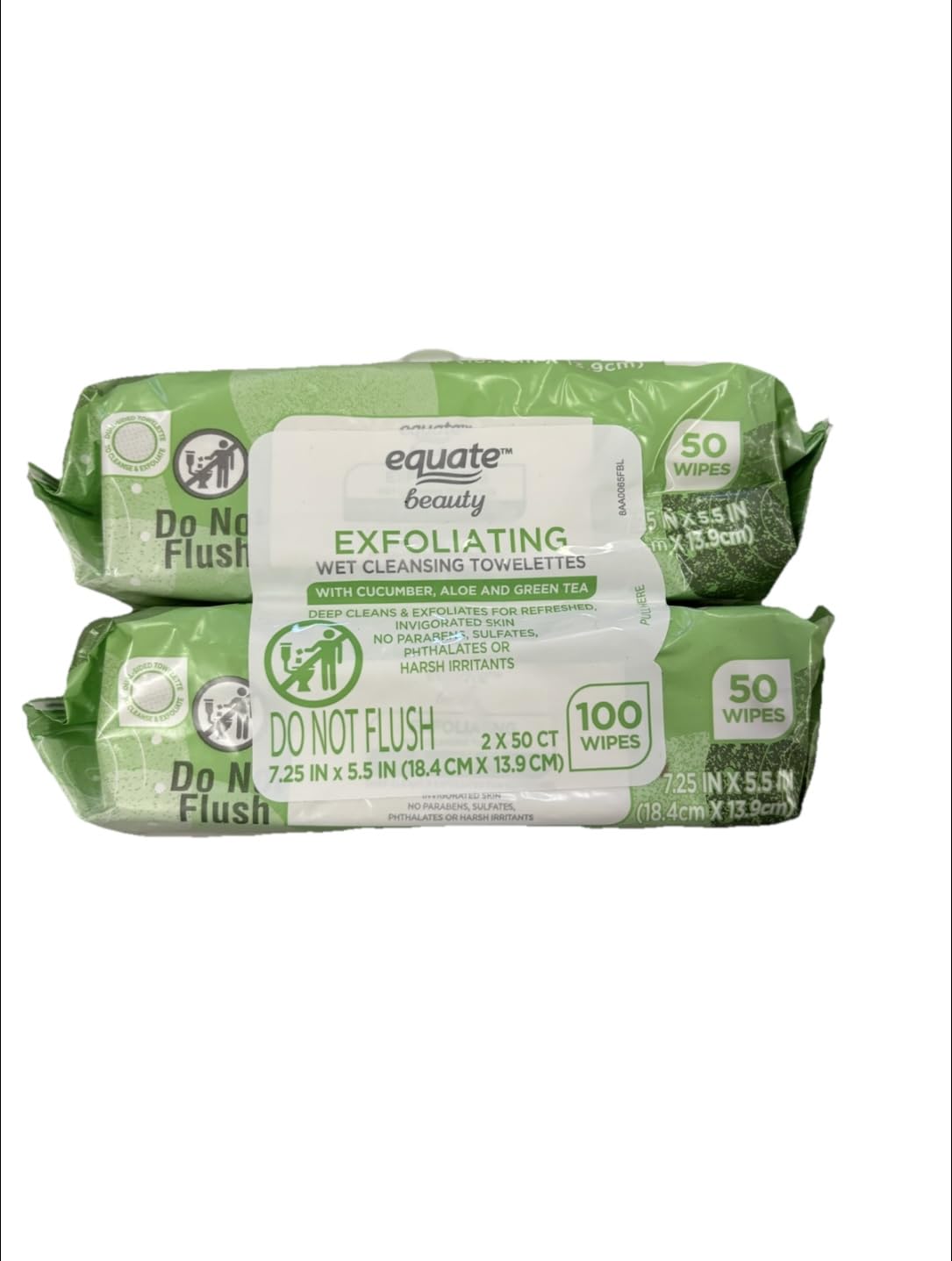 Equate exfoliating towelettes front packaging showing twin tubs and resealable lid benefit
