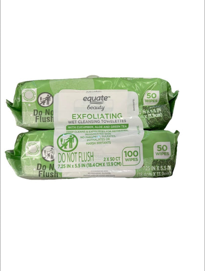 Equate exfoliating towelettes front packaging showing twin tubs and resealable lid benefit