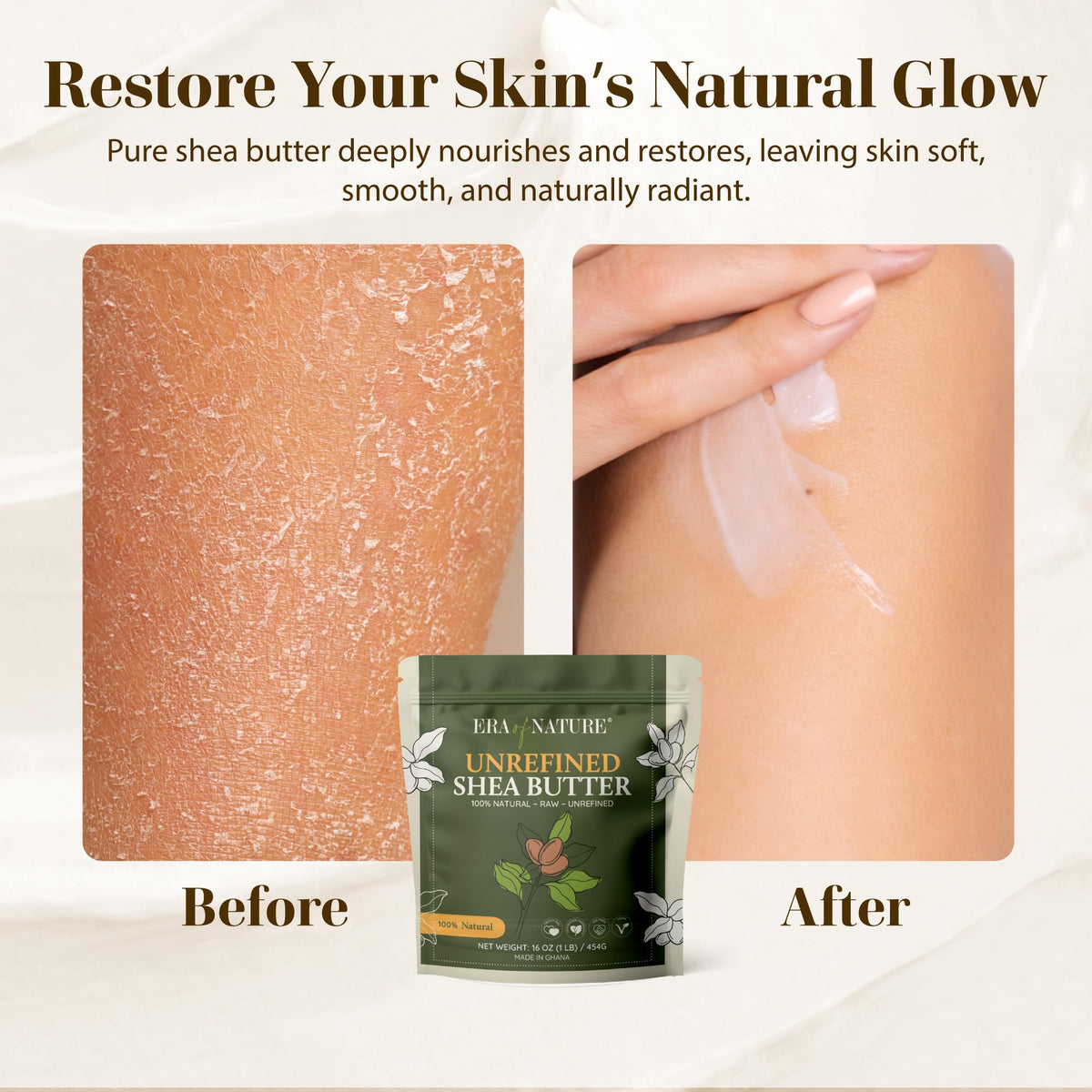 era of nature melting shea butter in hands, demonstrates quick absorption and moisturizing feel