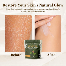 era of nature melting shea butter in hands, demonstrates quick absorption and moisturizing feel