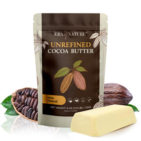 era of nature front pouch showing natural cocoa butter and resealable pack for freshness