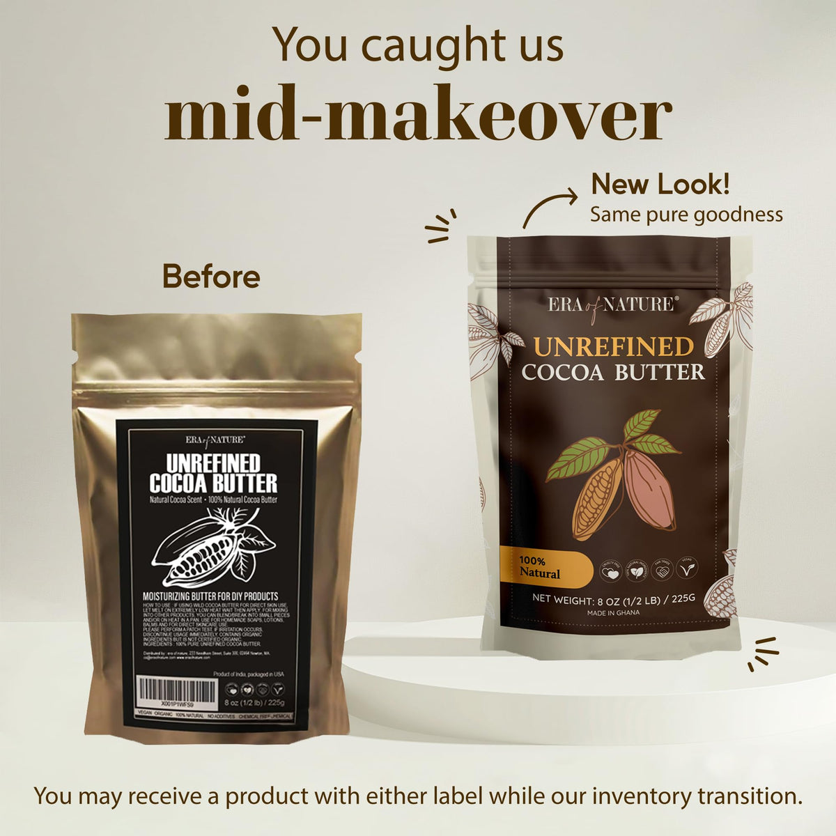 era of nature melting cocoa butter in hands for easy application and deep hydration