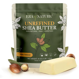 era of nature front packaging of 16oz raw shea butter showing label and kraft foil bag, preserves freshness