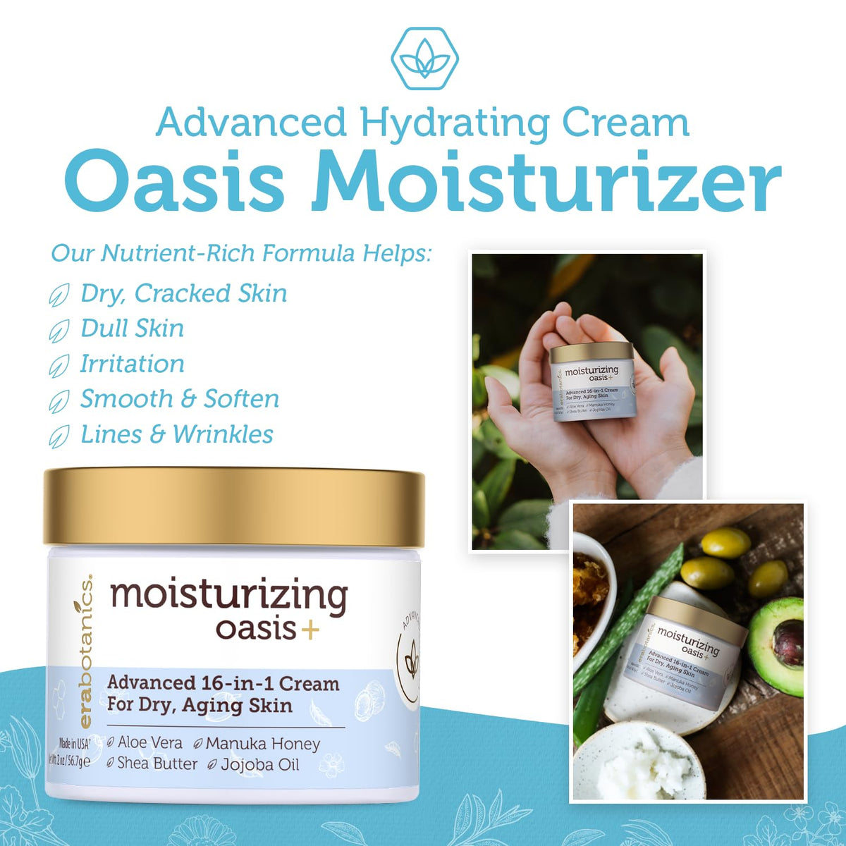 Era Organics applied to cheek demonstrating smooth absorption and instant hydration