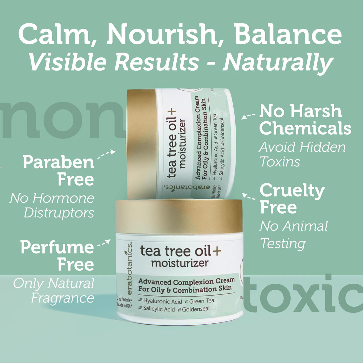 Era Organics ingredients label close-up listing tea tree, salicylic acid and botanicals