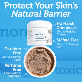 Era Organics scrub being applied to hand demonstrating moisturizing feel