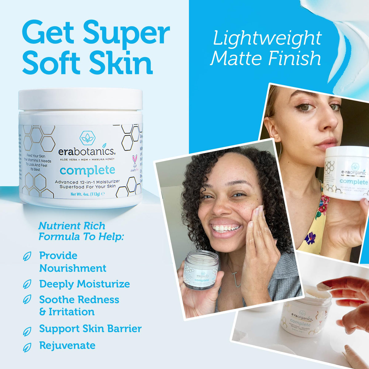 Era Organics cream spread on skin close-up demonstrating smooth finish benefit
