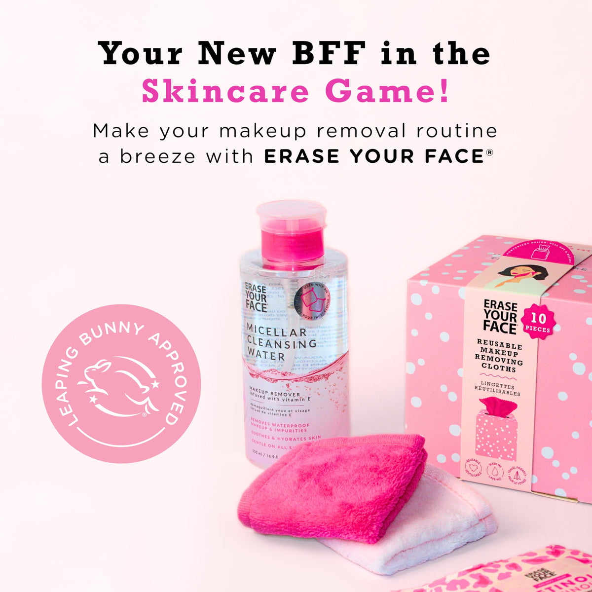 ERASE YOUR FACE lifestyle bathroom setup suggesting effortless nightly routine benefit