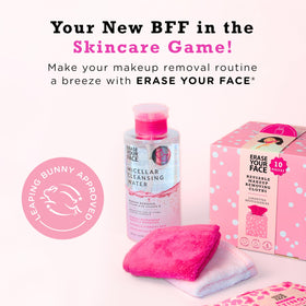 ERASE YOUR FACE lifestyle bathroom setup suggesting effortless nightly routine benefit