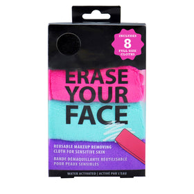 ERASE YOUR FACE front packaging showing 8-count and water-activated benefit