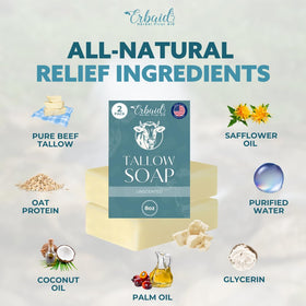 Erbaid unwrapped bar with natural ingredient display showing grass-fed tallow origin