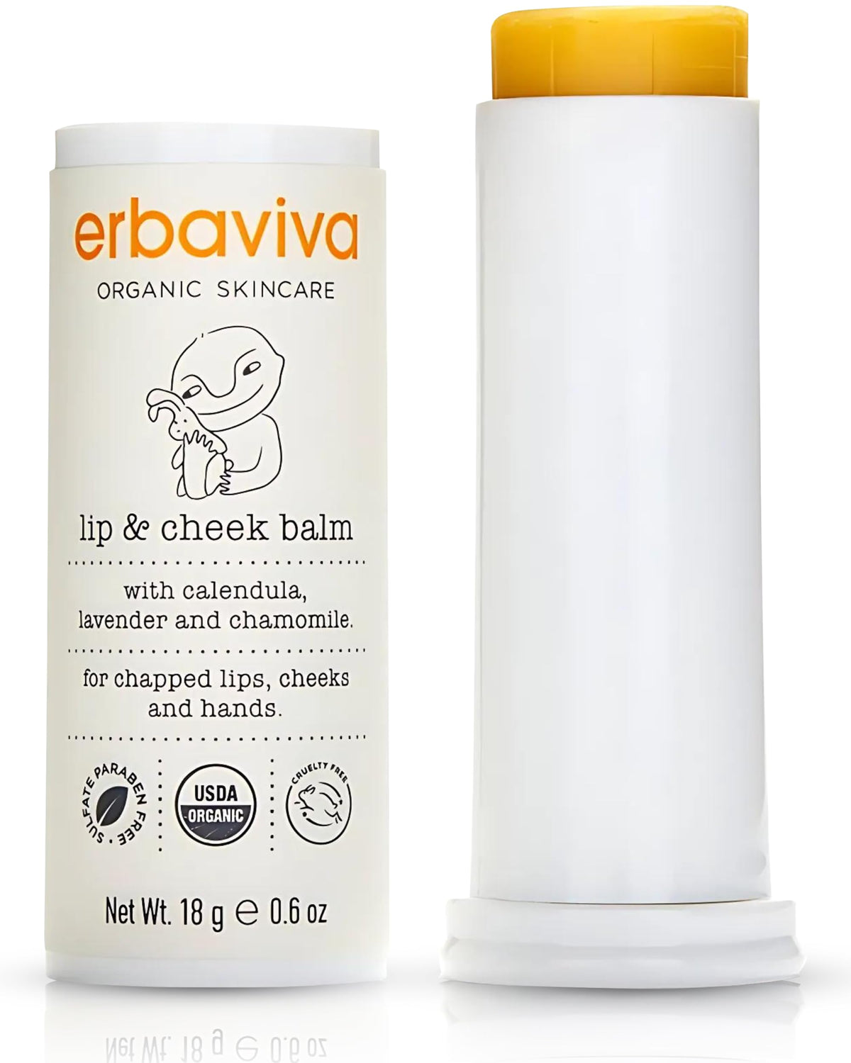 Erbaviva front packaging showing organic lip and cheek balm, clear ingredient callout benefits