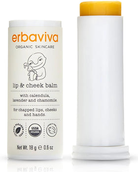 Erbaviva front packaging showing organic lip and cheek balm, clear ingredient callout benefits