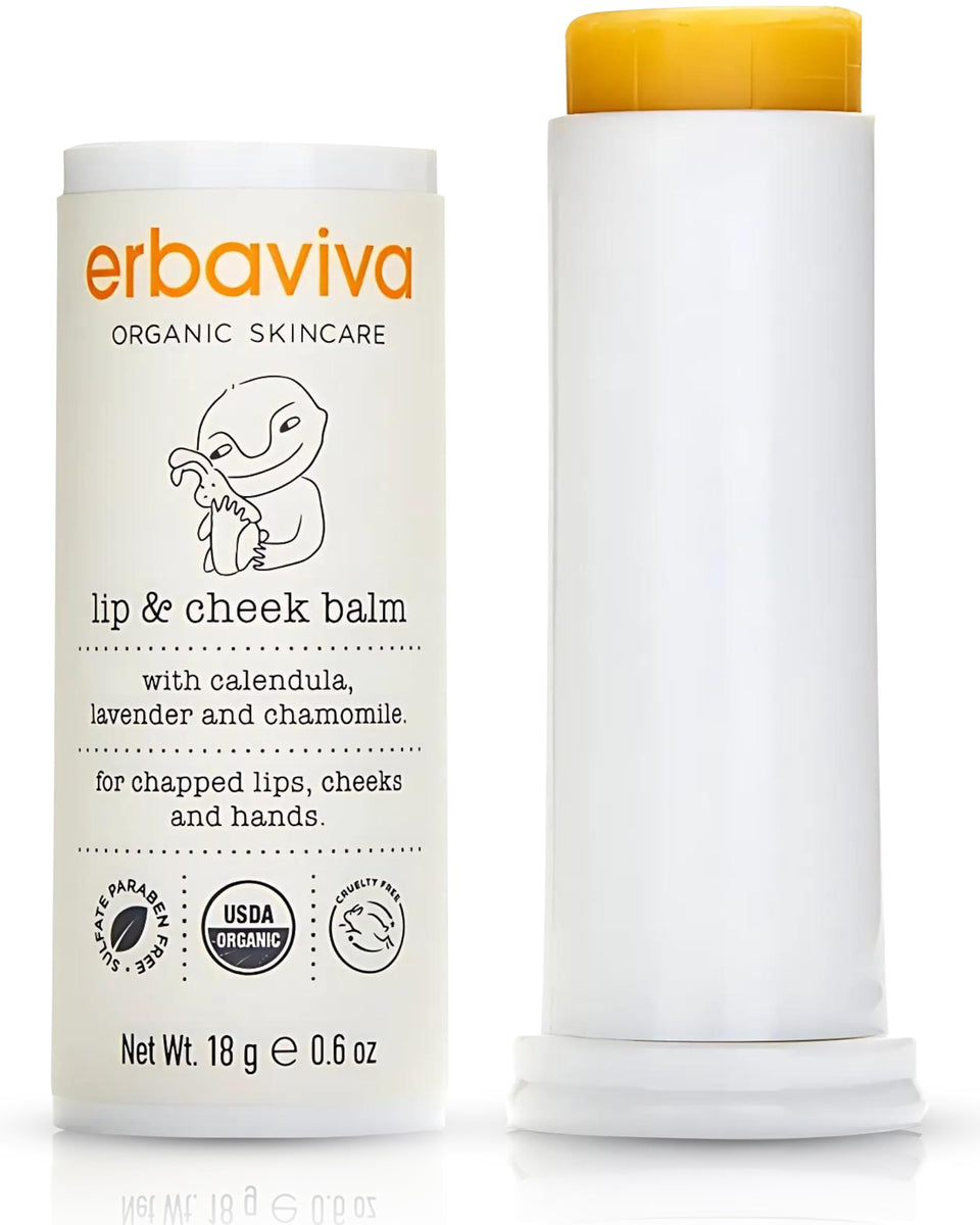 Erbaviva front packaging showing organic lip and cheek balm, clear ingredient callout benefits
