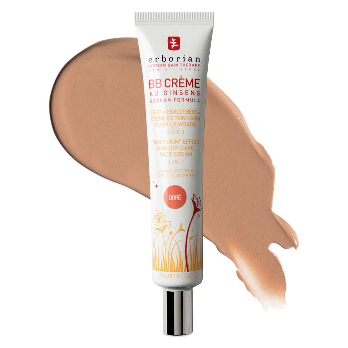 Erborian BB Cream Doré front tube showing brand and shade, smooth finish benefit