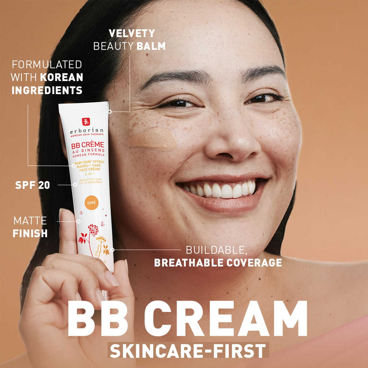 Close-up texture of Erborian BB Cream Clair showing velvety matte formula and blendability benefit