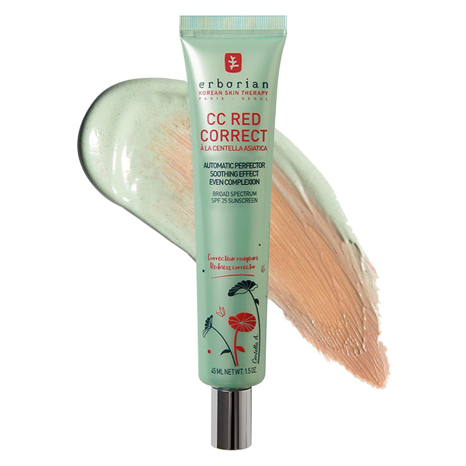 Erborian CC Red Correct front tube showing product packaging and benefit of redness correction