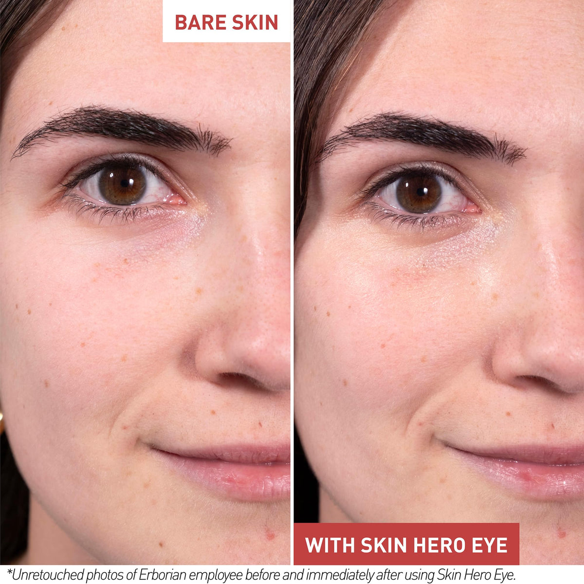 Erborian before and after under-eye showing visible brightening and smoother look