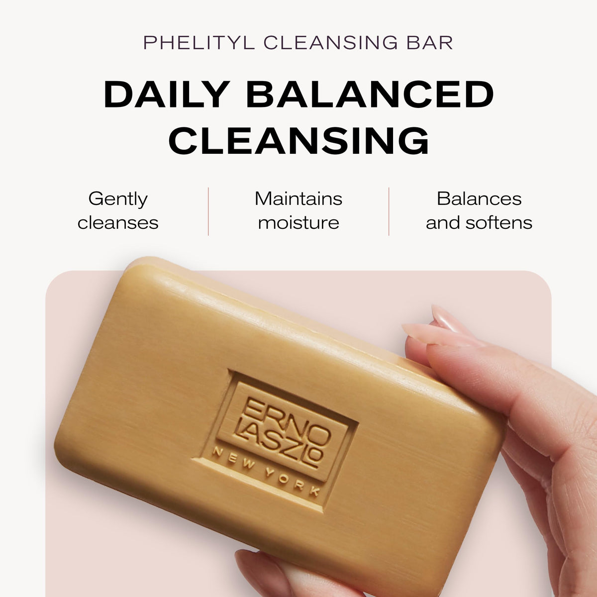 Erno Laszlo cleansing bar top view highlighting compact travel-friendly benefit