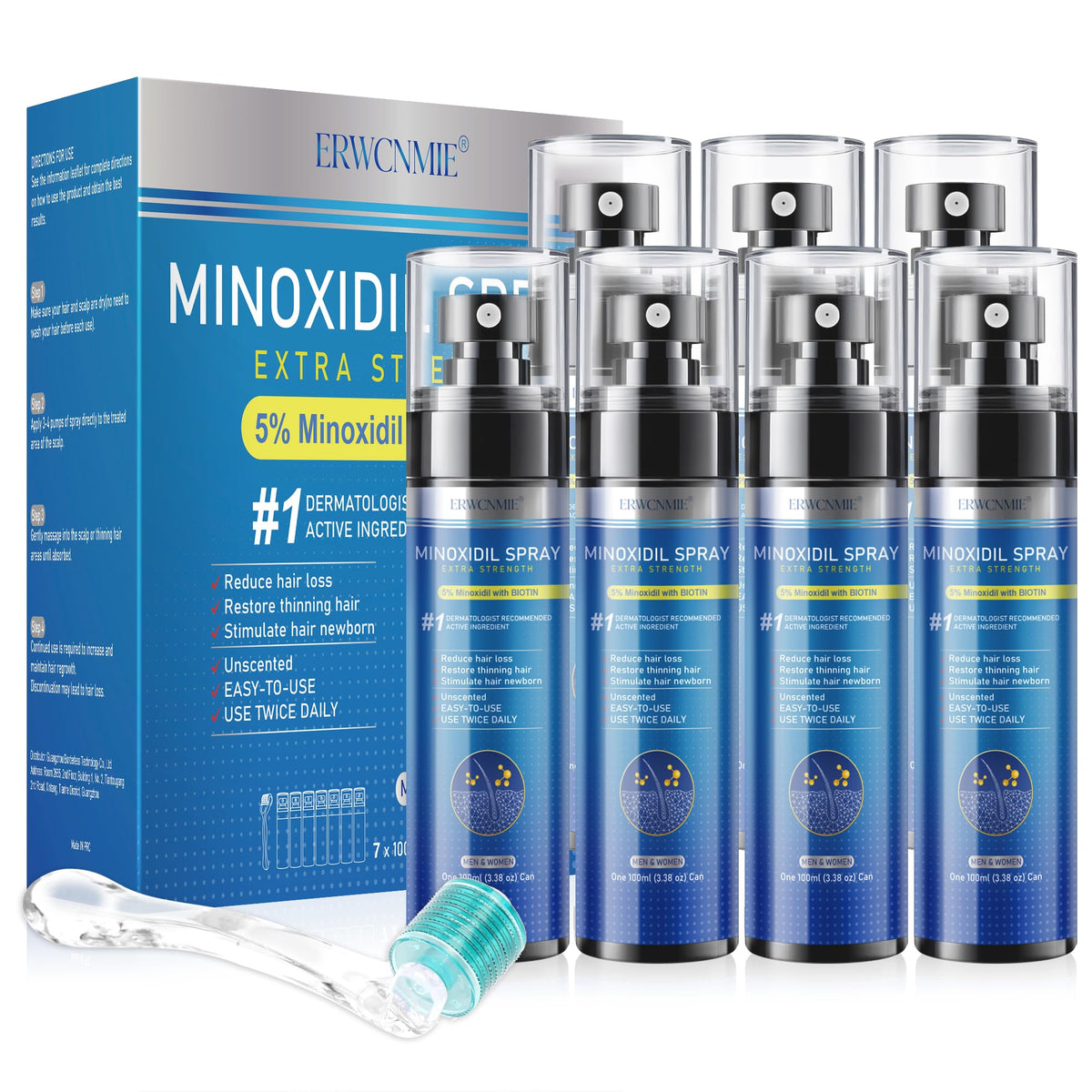 ERWCNMIE front packaging showing seven bottles and included roller, clear value