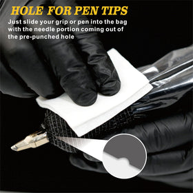 ES ETRSHIELD sleeve applied to tattoo pen machine demonstrating secure hygiene barrier