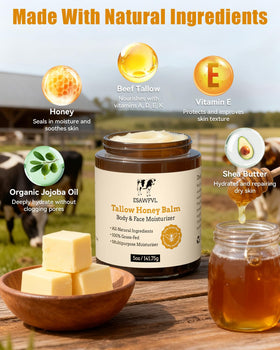 ESAWFVL open jar contents detail highlighting creamy tallow and honey blend for nourishment