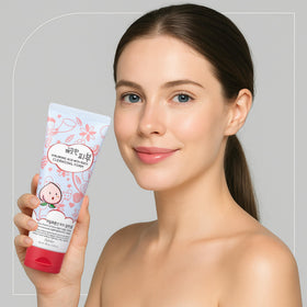 esfolio model rinsing face after use showing refreshed hydrated skin benefit