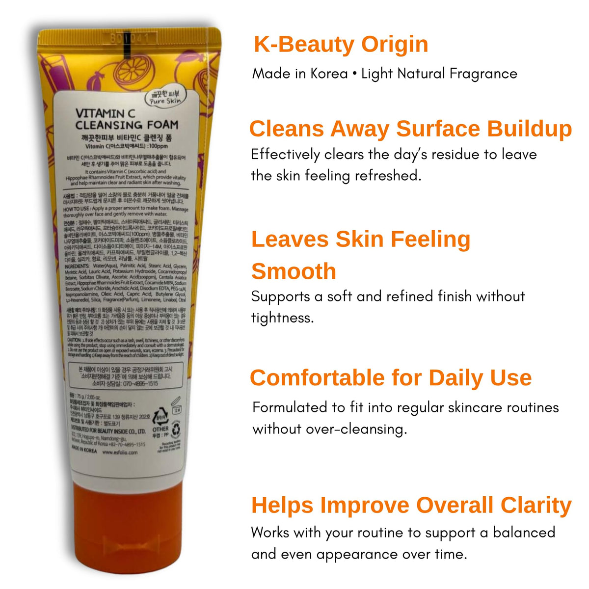 esfolio label highlighting vitamin C and antioxidant benefit for fresher appearance