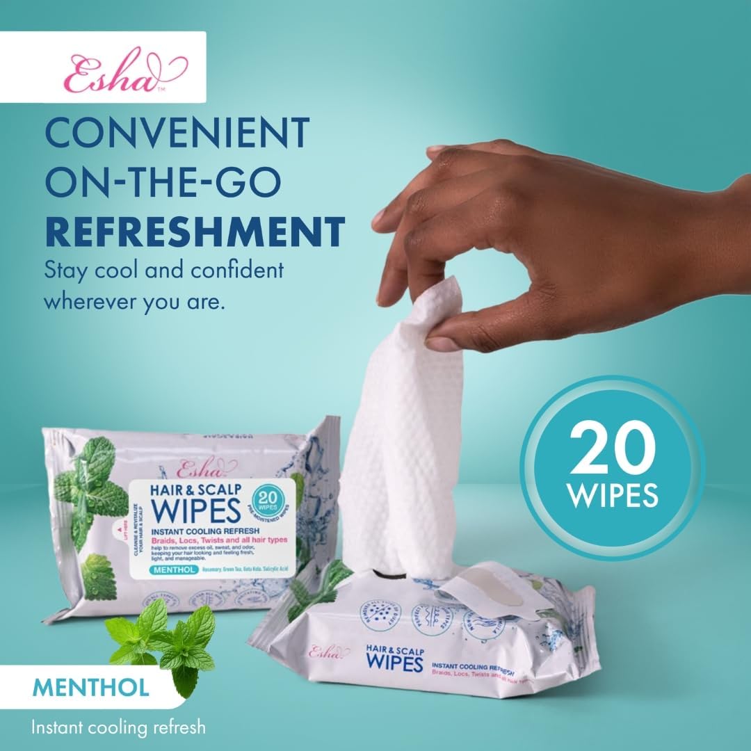 Esha wipe applied to scalp showing instant cooling relief