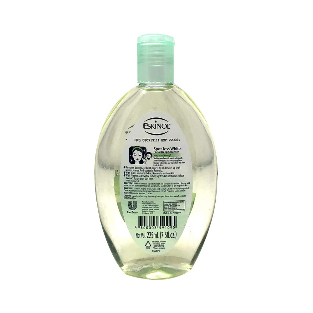 Eskinol label close-up with pump top highlighting ingredients and directions benefit