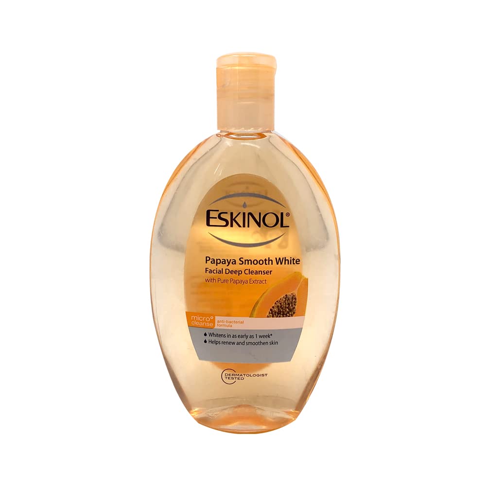 Eskinol papaya pump and label close-up highlighting ingredients and easy dispensing