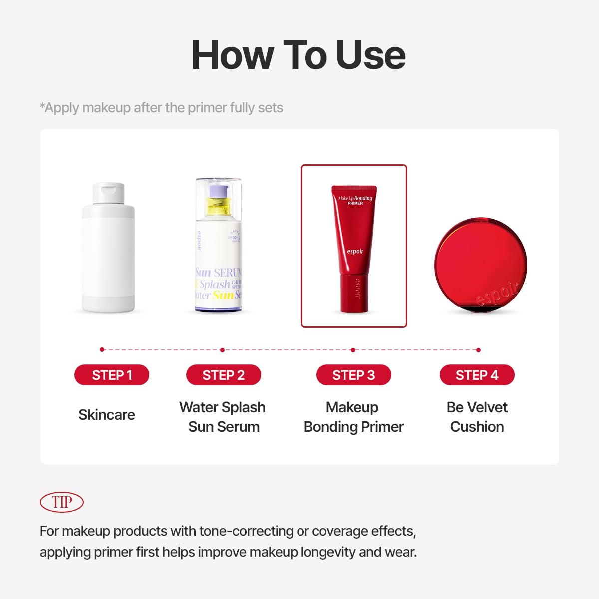 Espoir bonding primer label details highlighting ingredients and layering guidance for users