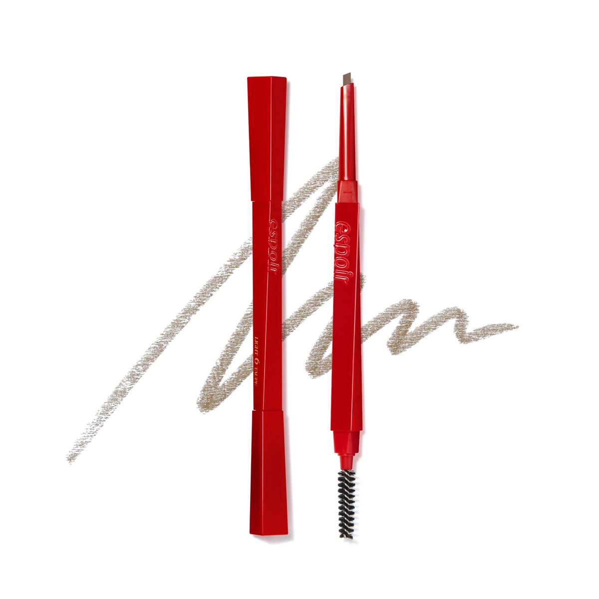 espoir eyebrow pencil front view showing slim triangle tip and compact barrel for precision