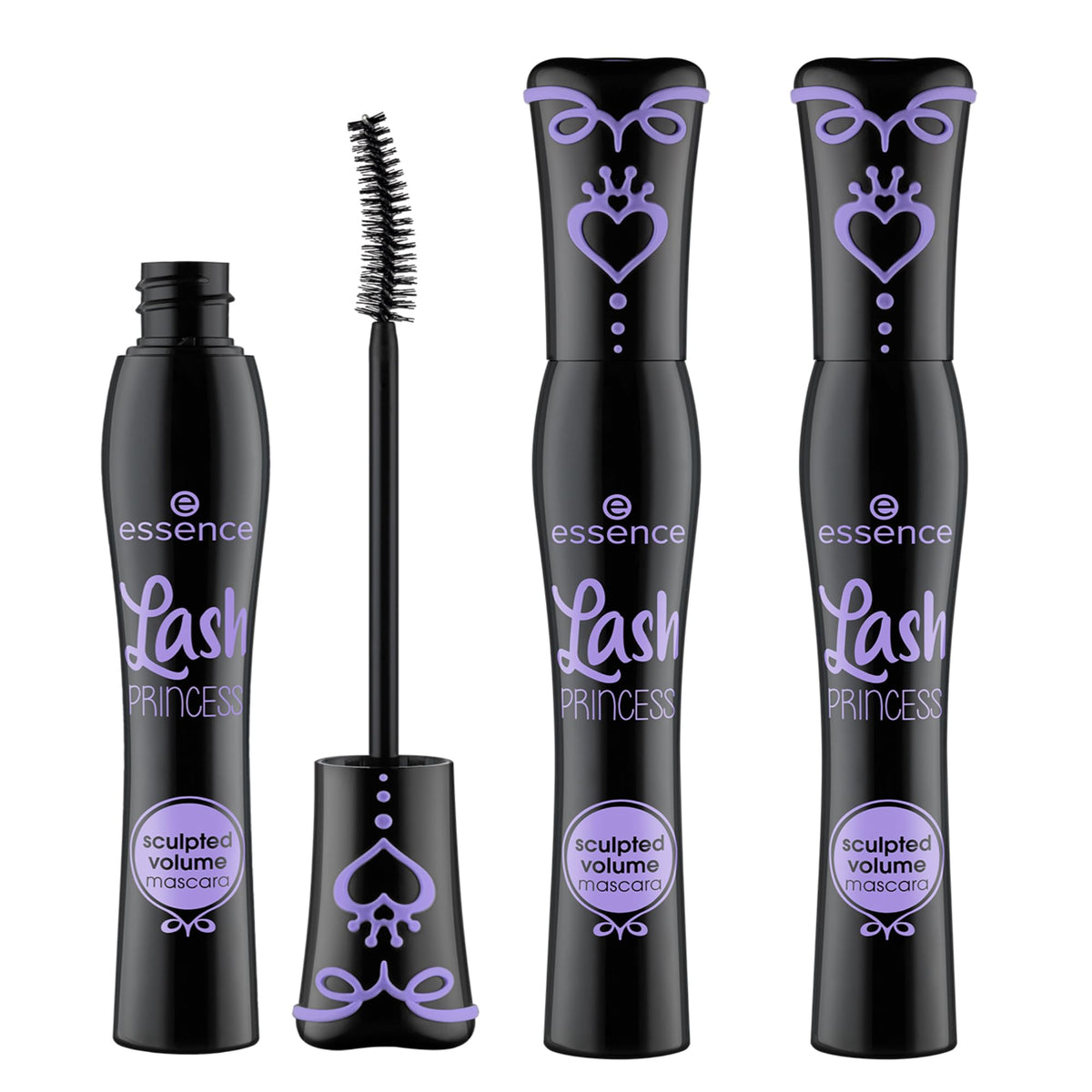 Essence Cosmetics front packaging of three black Lash Princess mascaras showing value pack