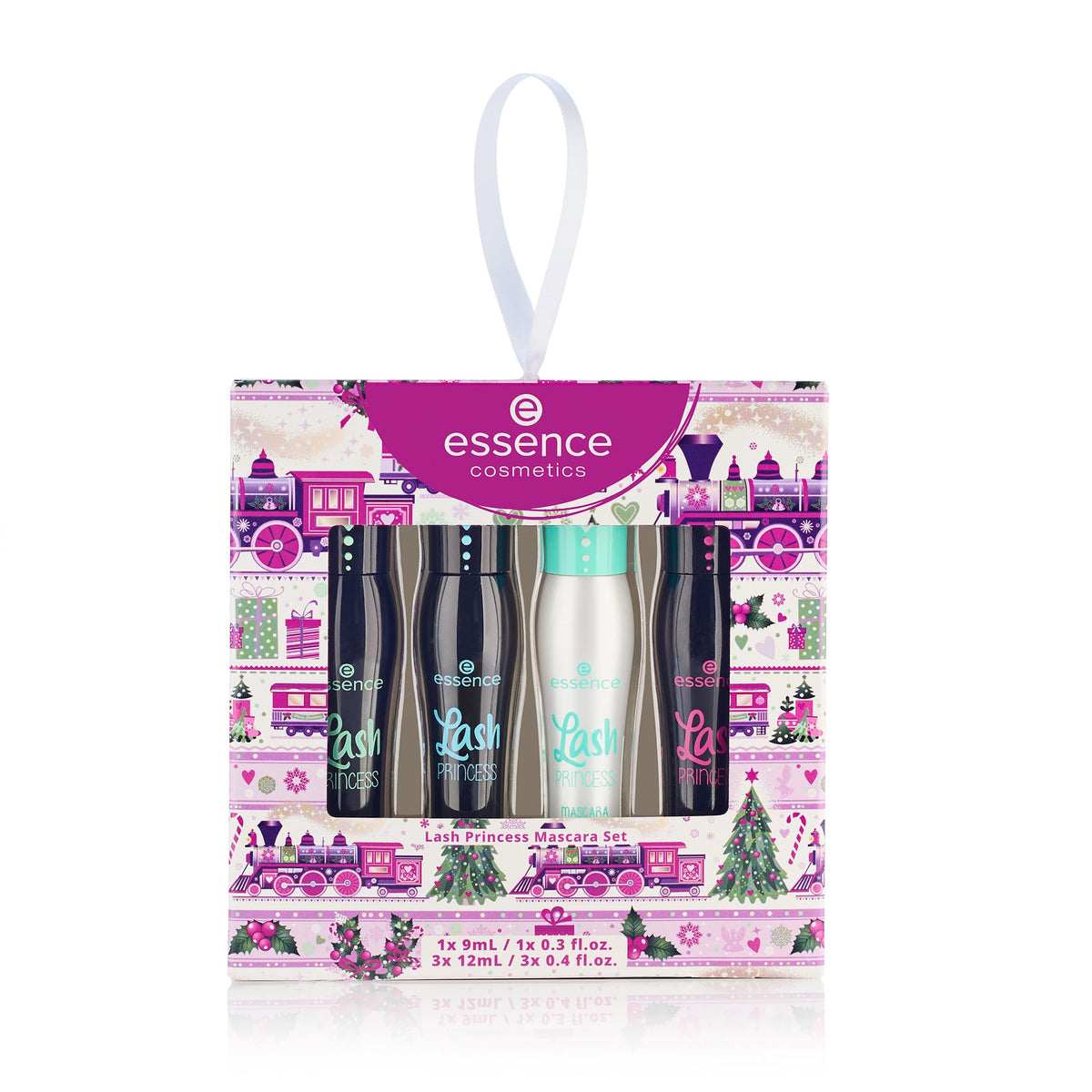 Essence Cosmetics holiday box front view showing festive packaging and four mascaras