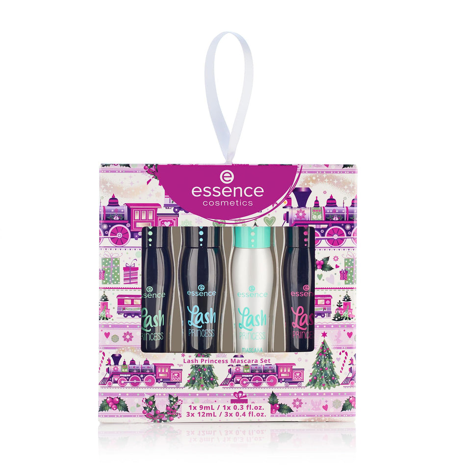 Essence Cosmetics holiday box front view showing festive packaging and four mascaras