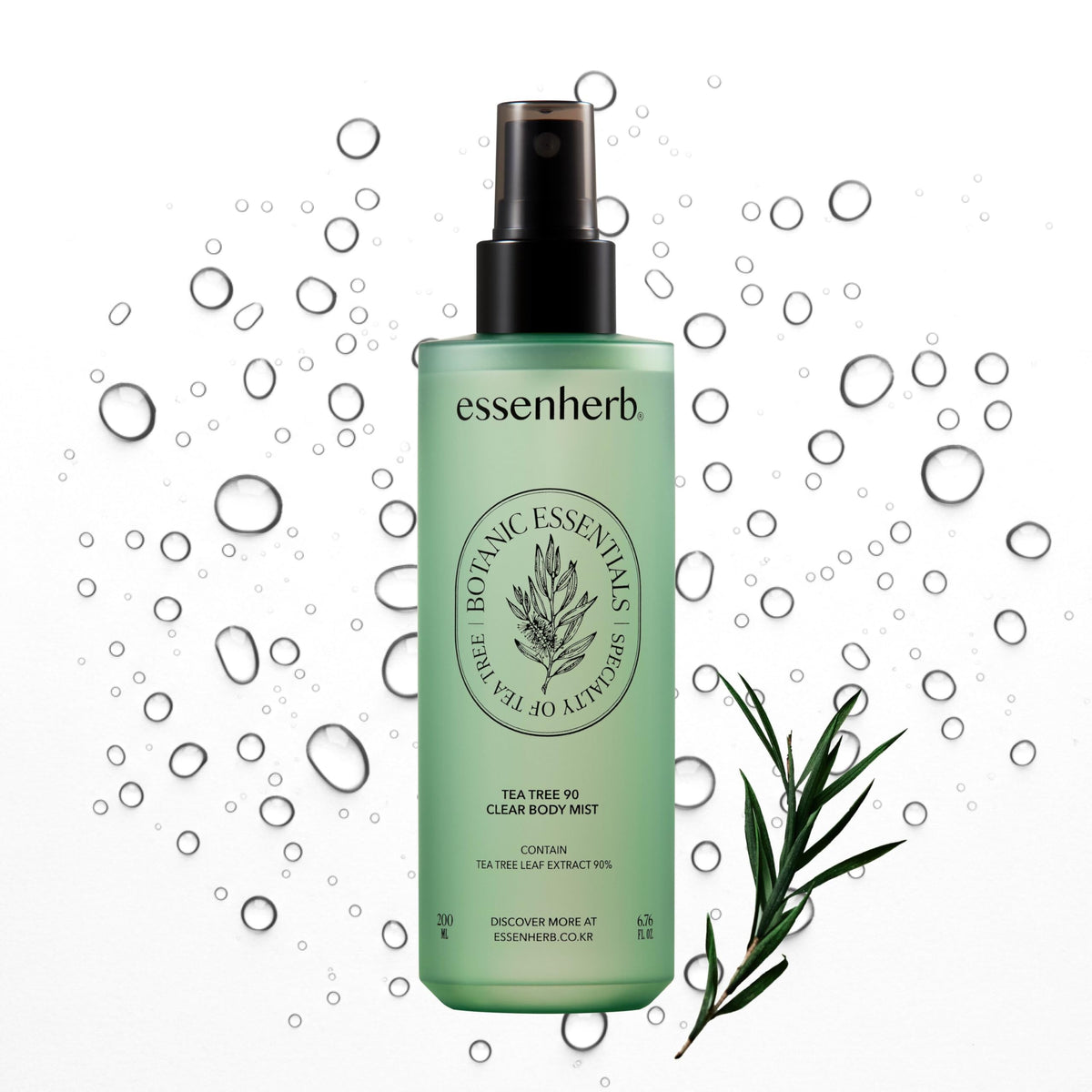 ESSENHERB front packaging showing clear tea tree body mist for easy acne care