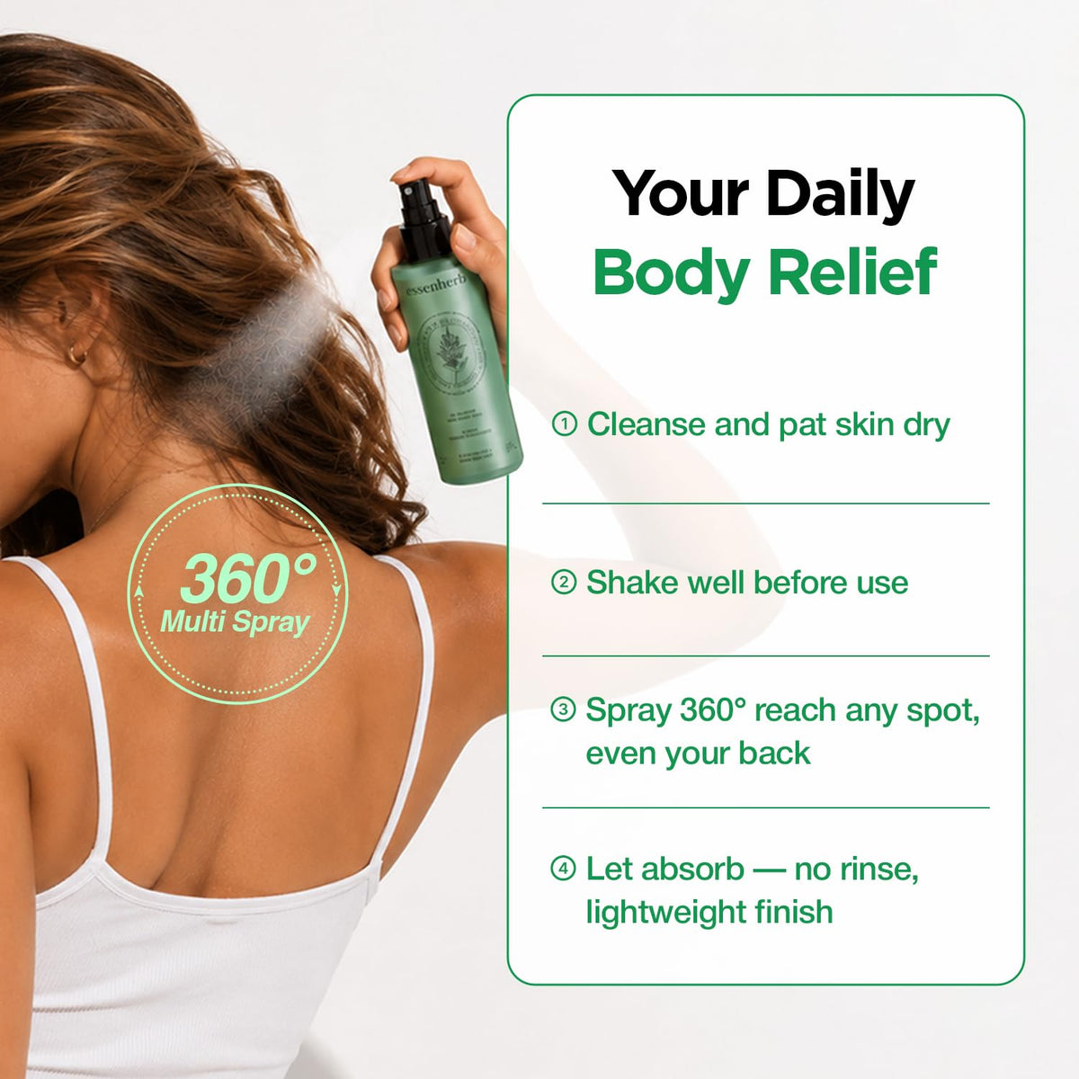ESSENHERB bottle on shower shelf lifestyle shot promoting convenient daily use