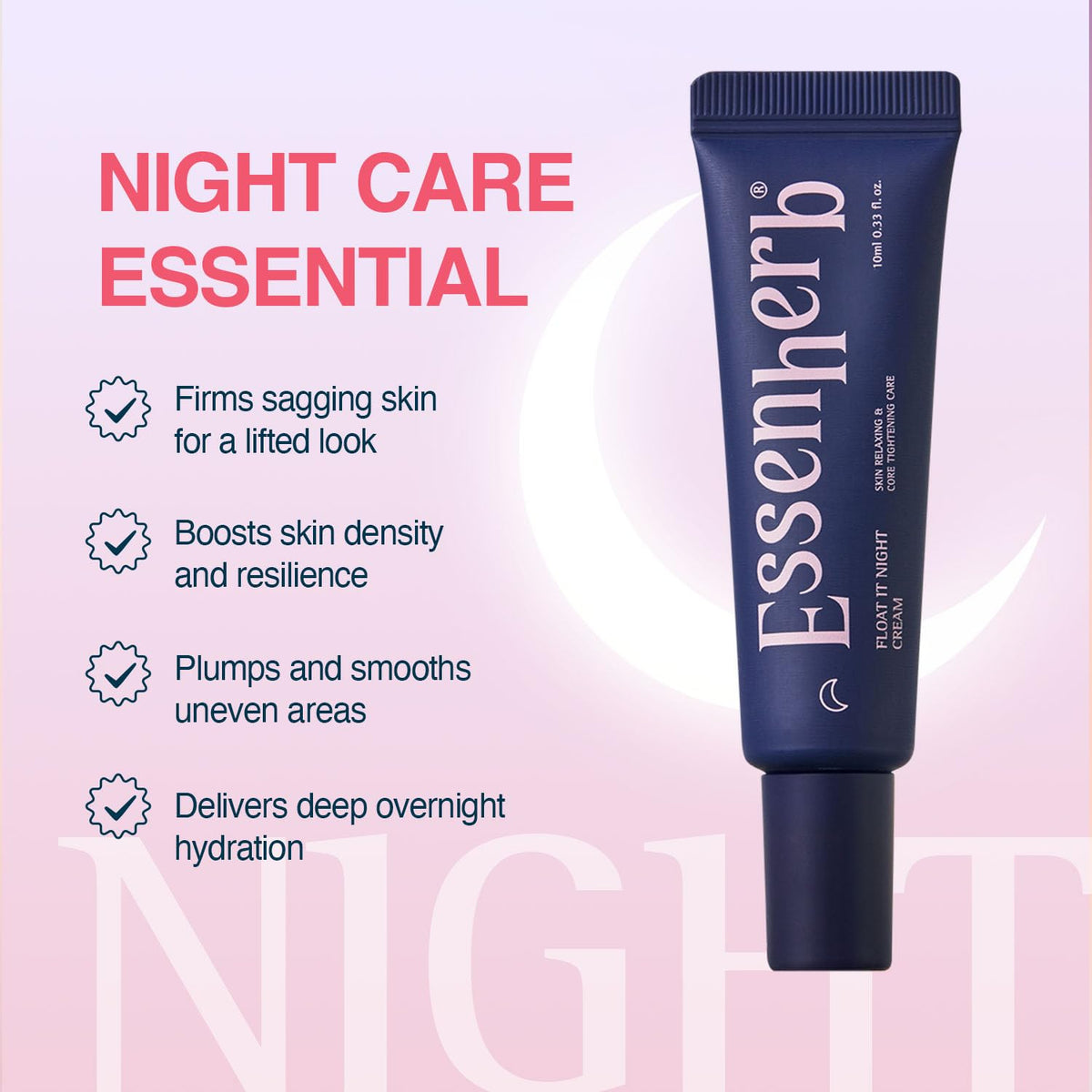 ESSENHERB night cream on bedside table illustrating overnight recovery support