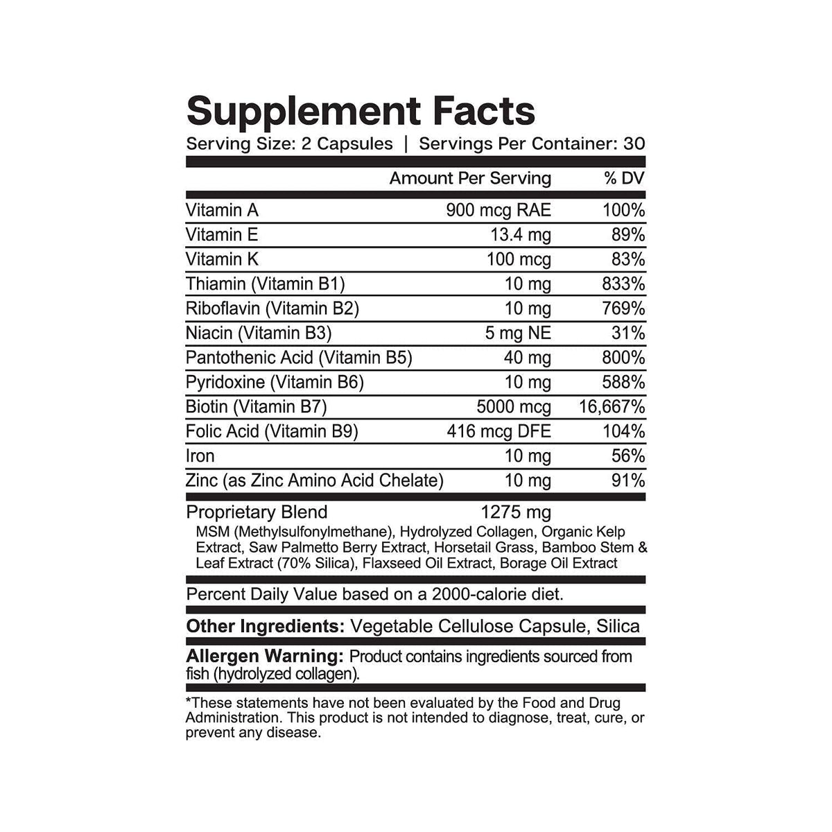Essential Elements ingredient collage with biotin, saw palmetto, bamboo silica