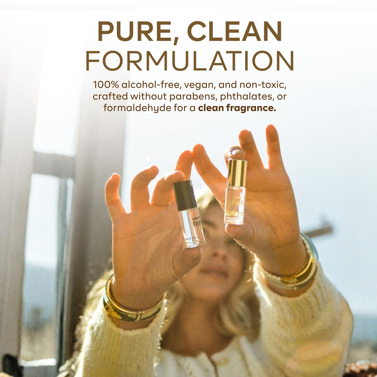 Essential Faith roll-on applied to wrist, demonstrating easy discreet application