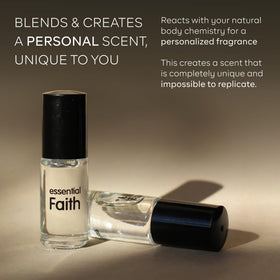 Essential Faith close-up of glass bottle and oil texture, emphasizing premium quality