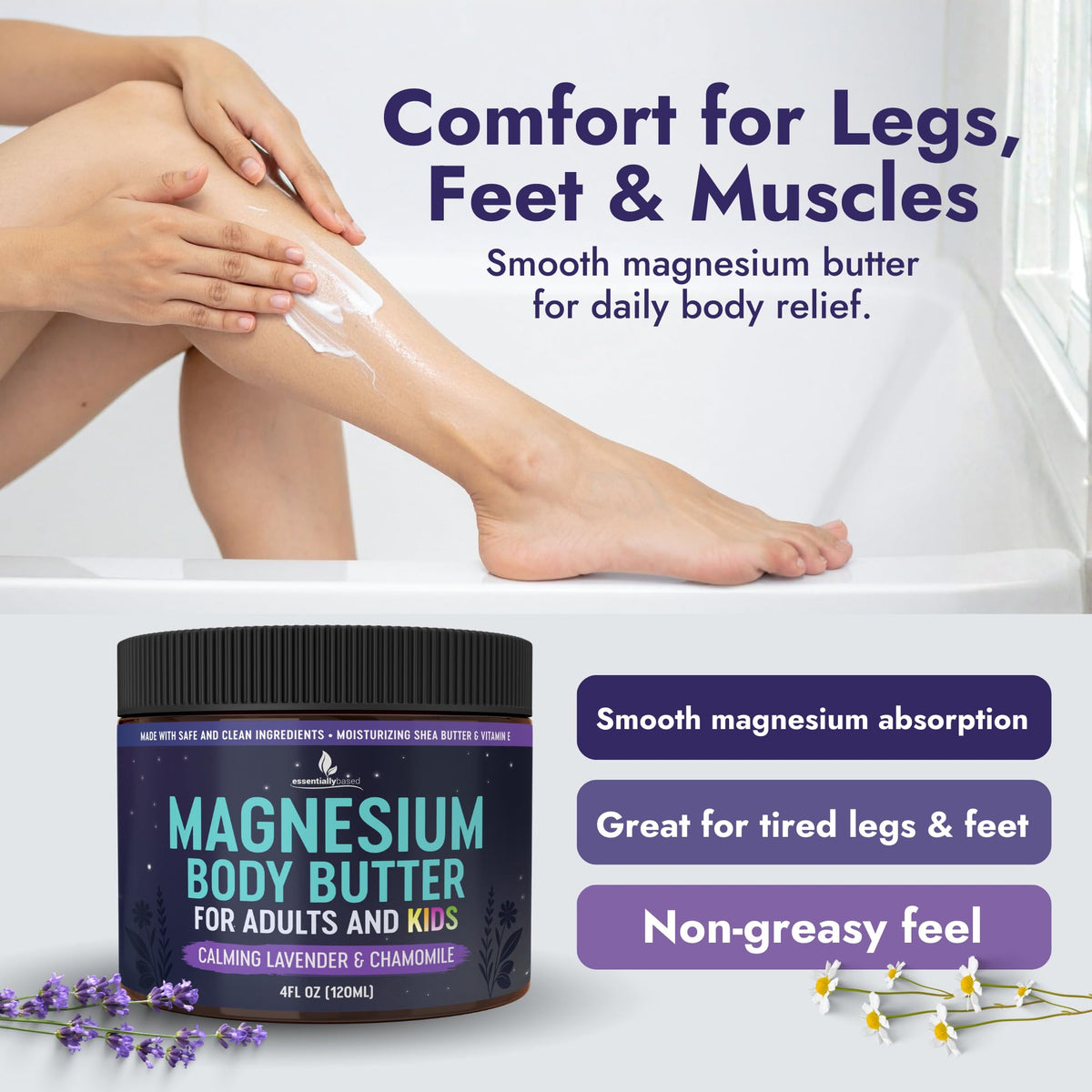 Essentially Based applying butter to calf demonstrating targeted comfort for tired legs