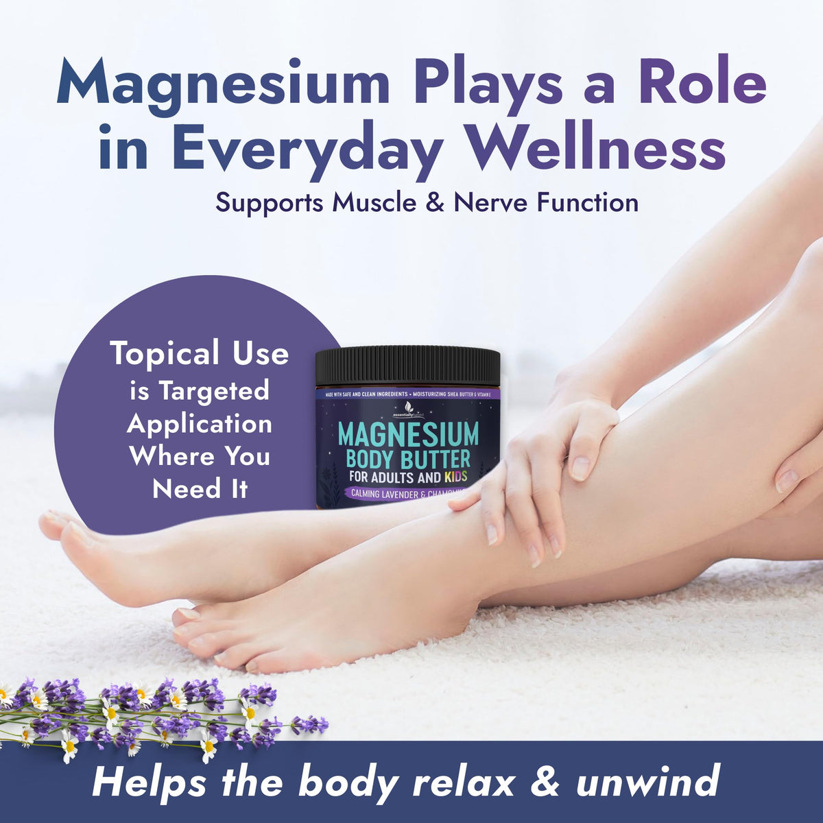 Essentially Based lavender and chamomile botanicals beside jar suggesting soothing aroma benefit